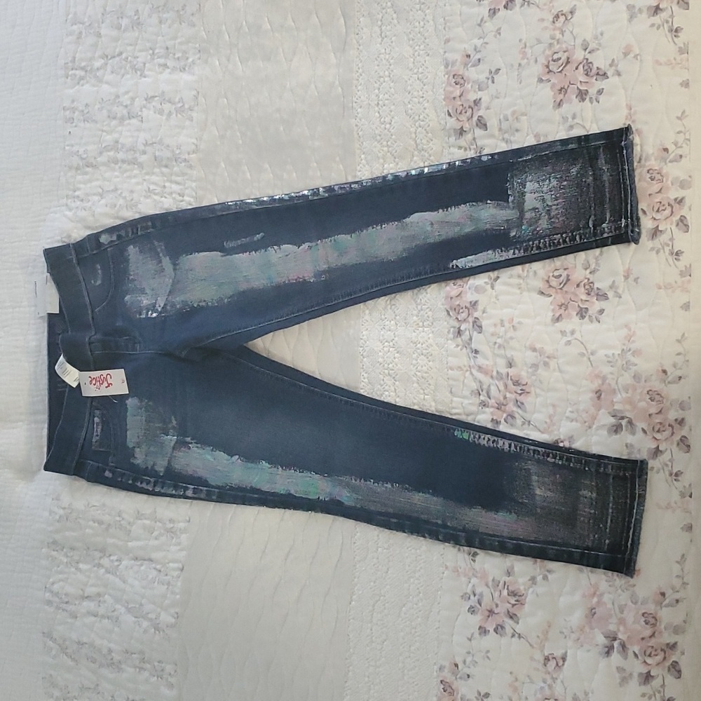Justice Girls jegging colorful foil print size 8 dark blue  .